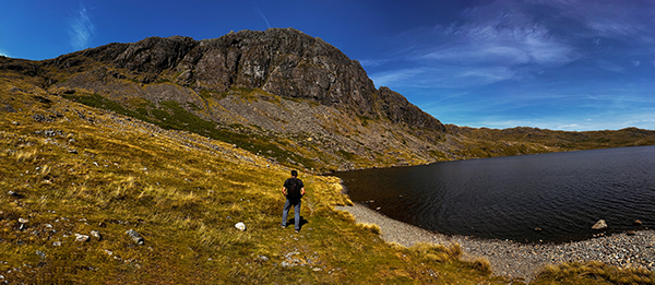 Pavey Ark and Stickle Tarn, filling up with the Sawyer filter for the ascent of the rake