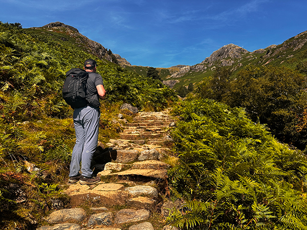 Hiking up the western path along Stickle Ghyll with Pavey Ark coming into view
